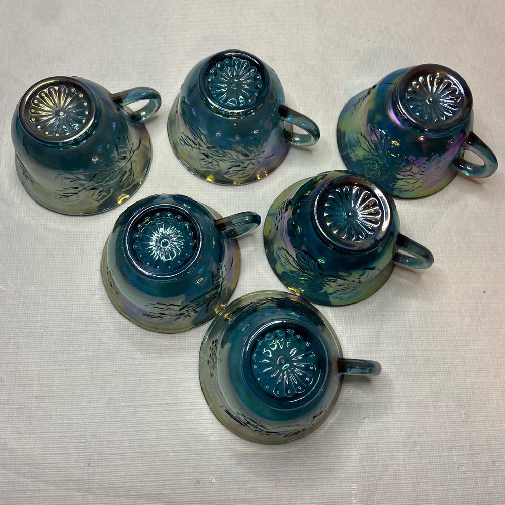 6 - Vintage Iridescent Blue Indiana Carnival Glass Grape Harvest Punch Cups - Picture 5 of 7